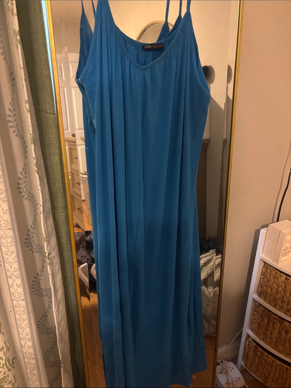 Zara Teal Blue Slip Maxi Dress with Spaghetti Straps
